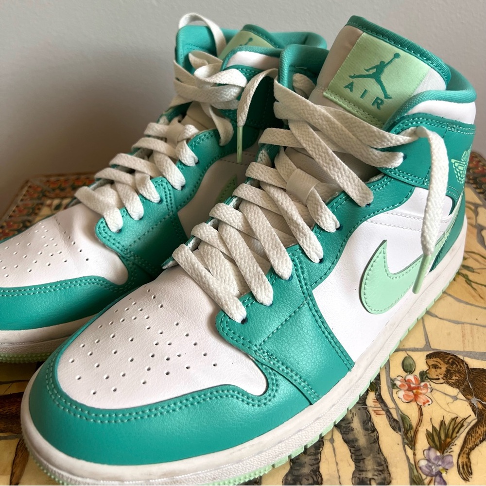 Nike Air Jordan 1 Mid Teal and White Sneakers - Picture 13 of 16